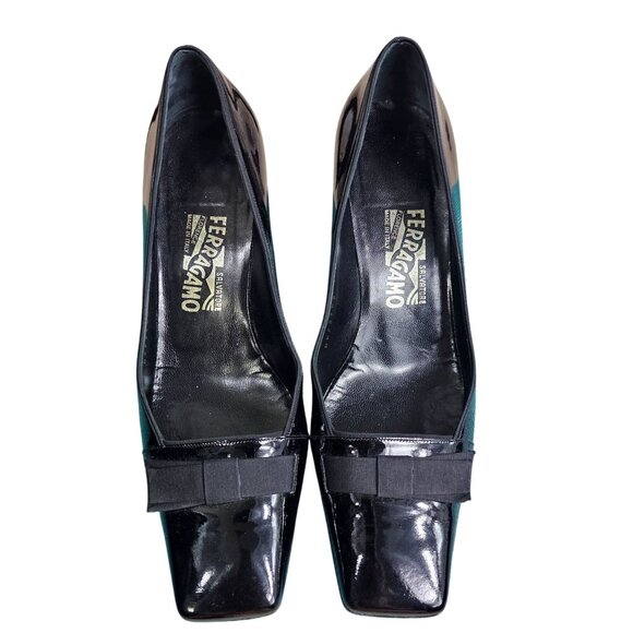 Salvatore Ferragamo Black Bow Accent Patent Leather Pumps 8.5 Square Toe Italian - Picture 1 of 10